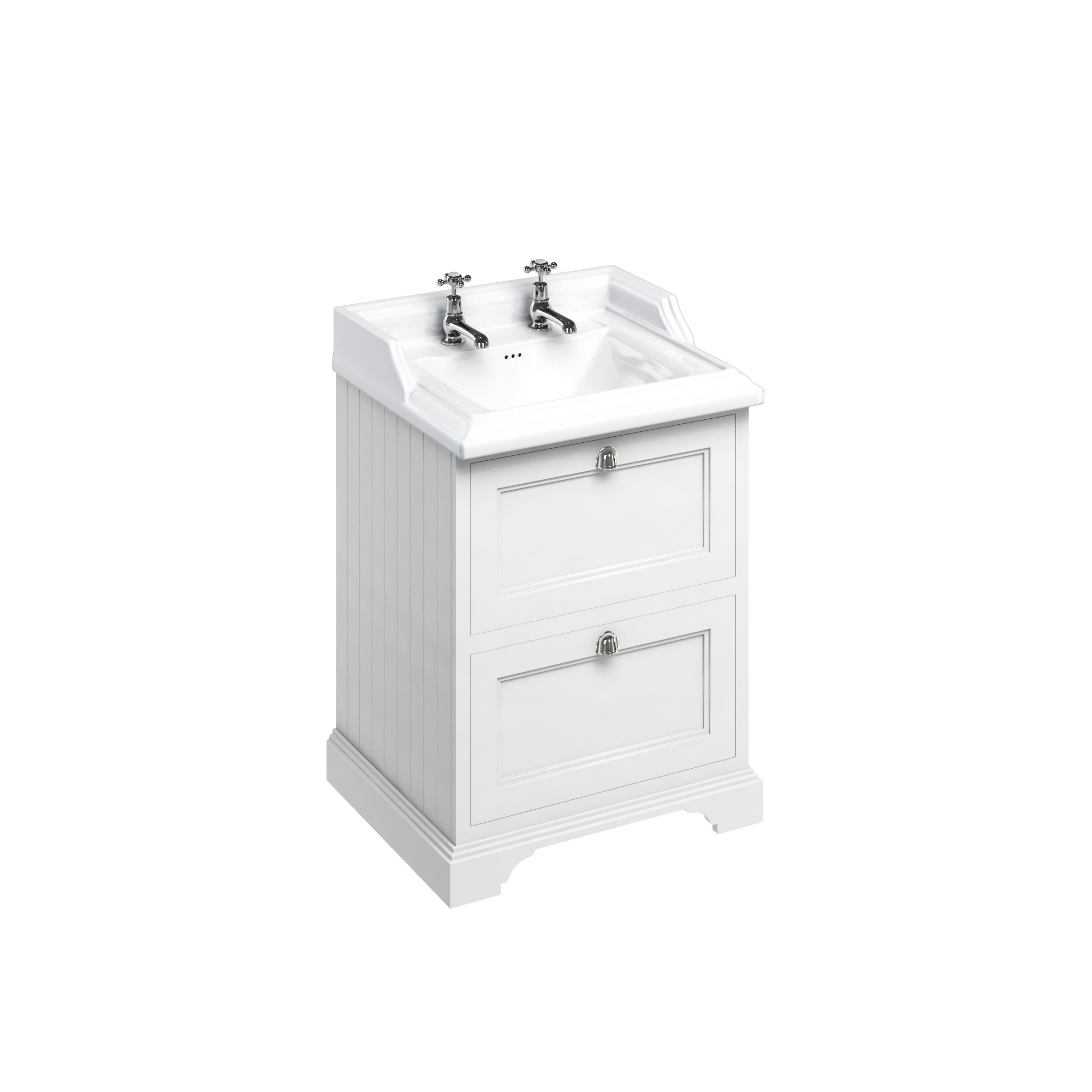 Freestanding 65 Vanity Unit with 2 drawers - Matt White and Classic basin 2 tap holes